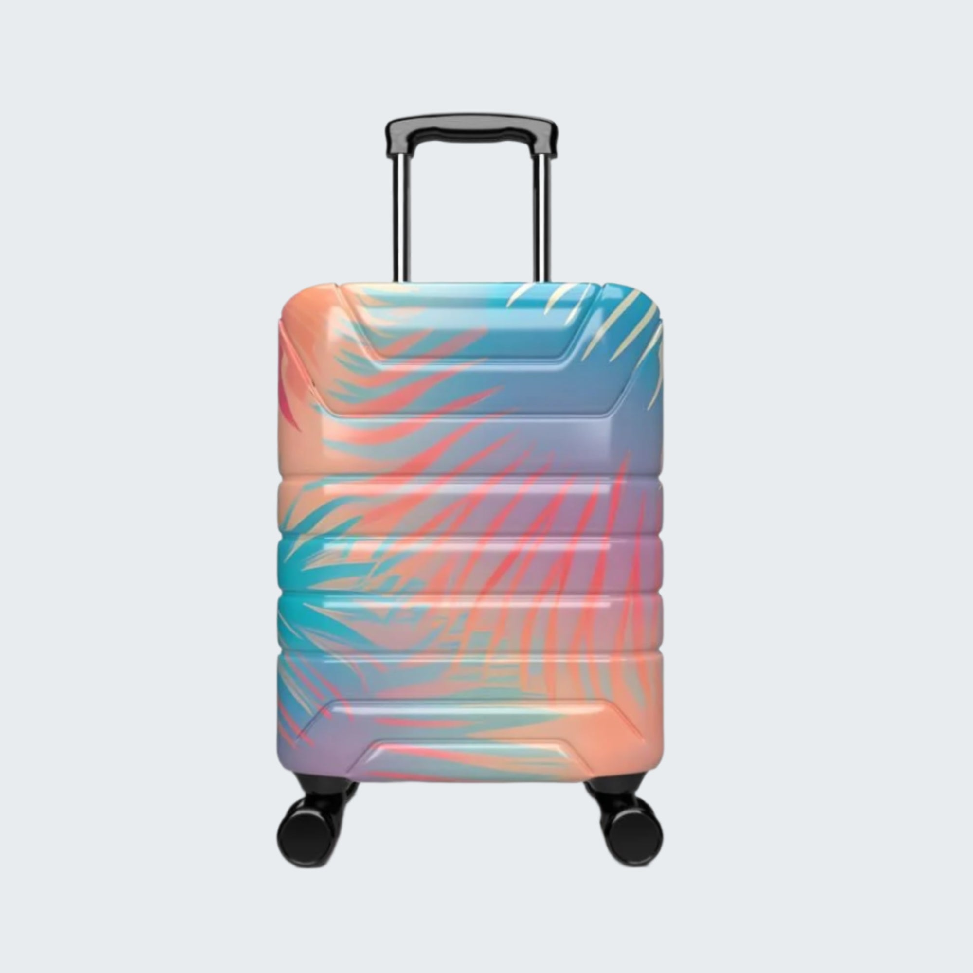 Multicolored suitcase with a palm leaf pattern on a white background