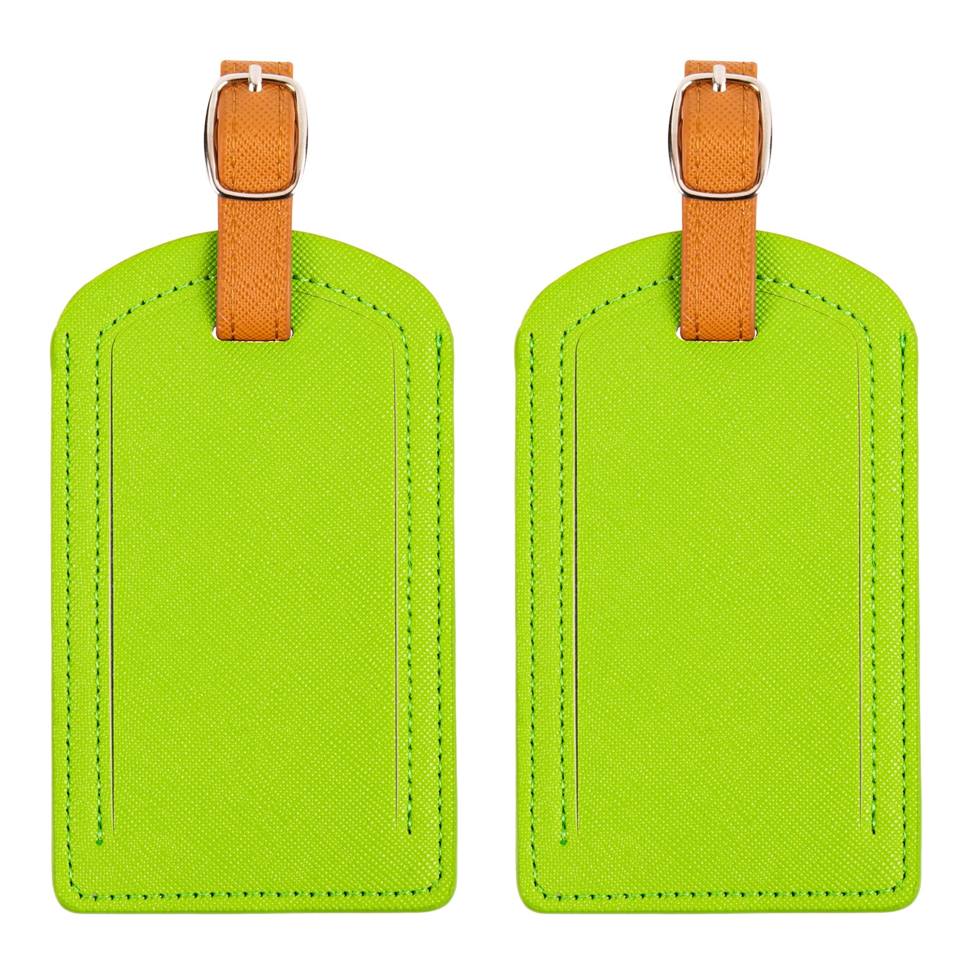 Two green luggage tags with orange straps on a white background