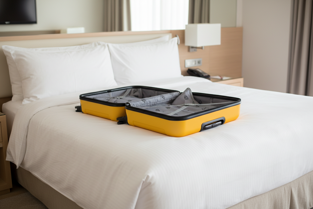 Yellow suitcase with open lid showing interior and patterned lining on a white background