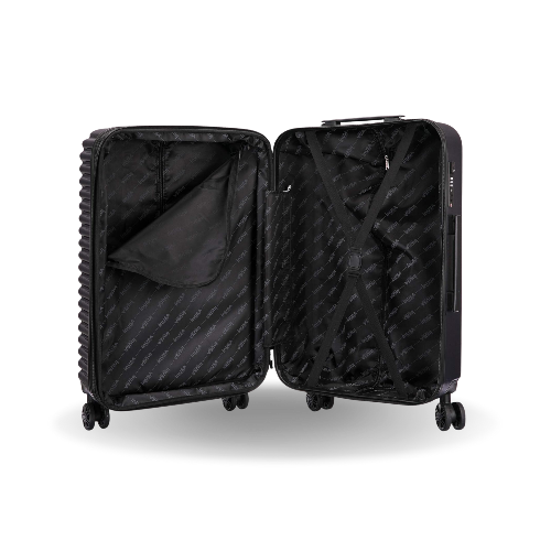 Black suitcase with open lid on a white background