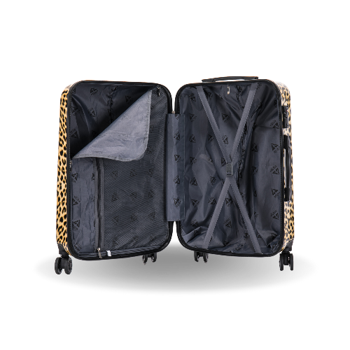 Open suitcase with leopard print trim on a white background