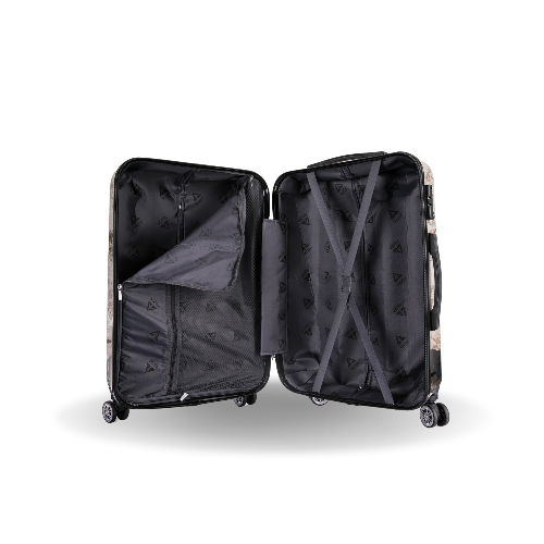 Black suitcase with open compartments on a white background