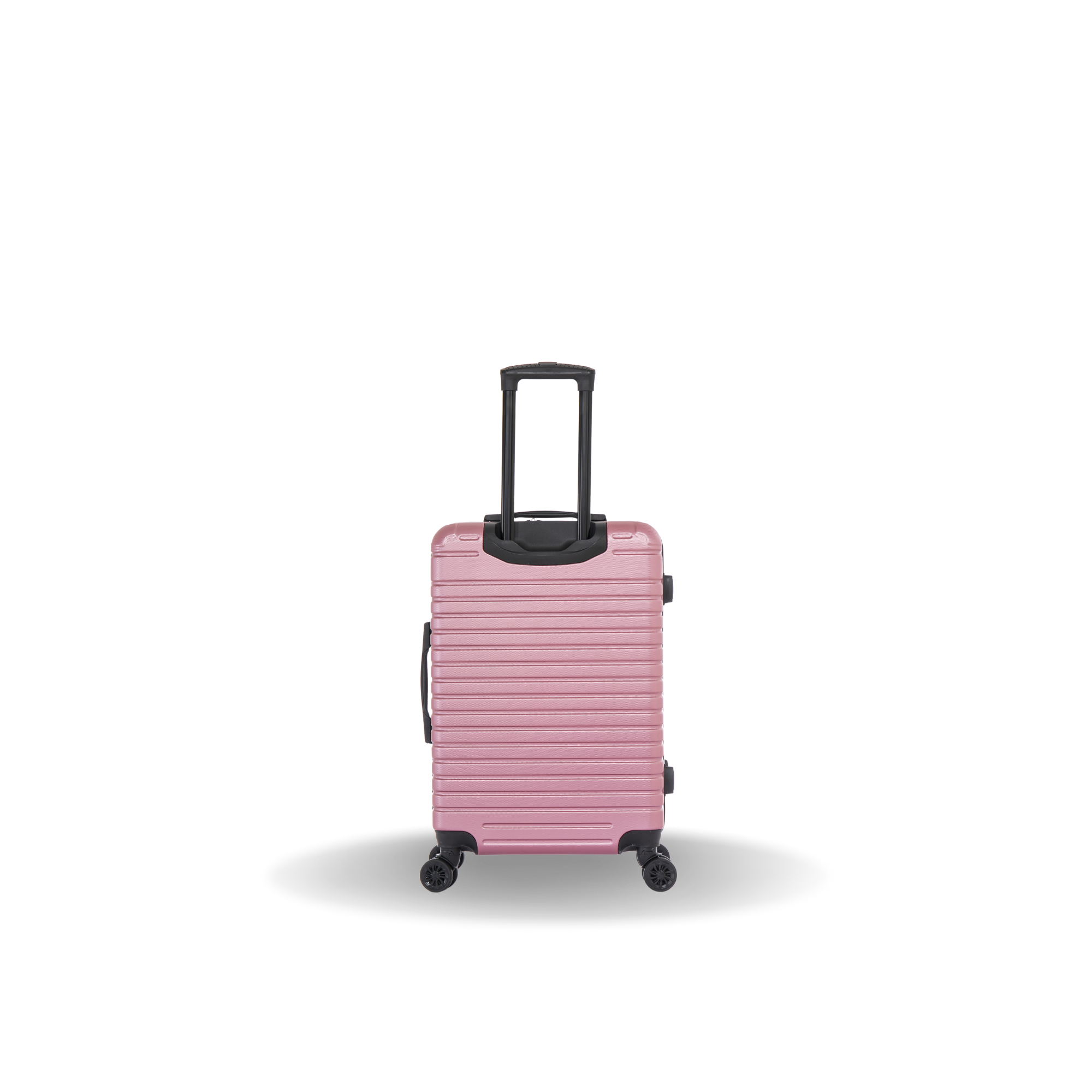 Pink suitcase with black handle on a white background