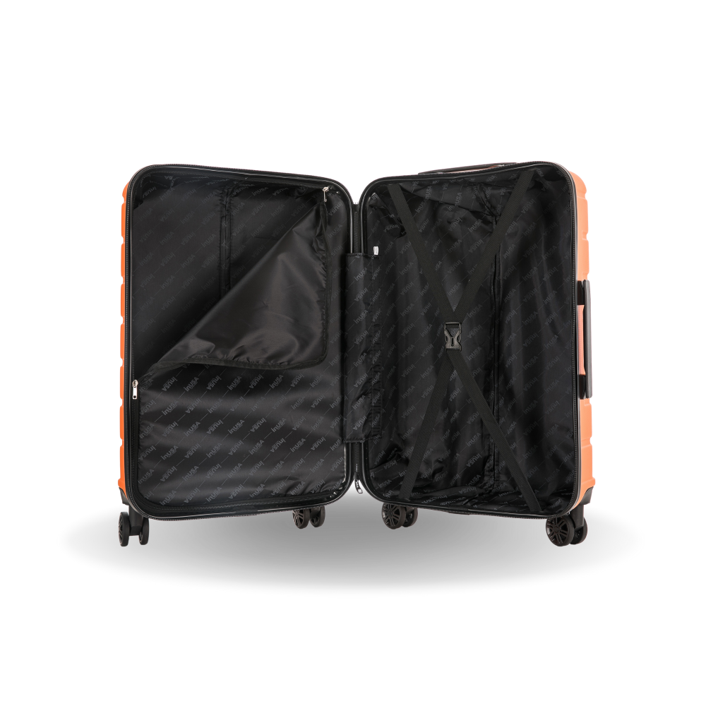 Open black suitcase with orange accents on a white background