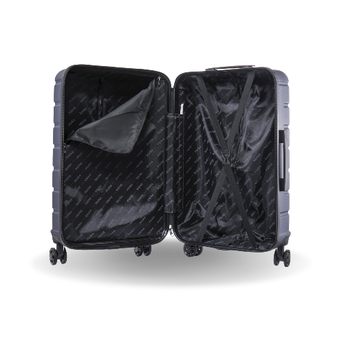 Black suitcase with open compartments on a white background