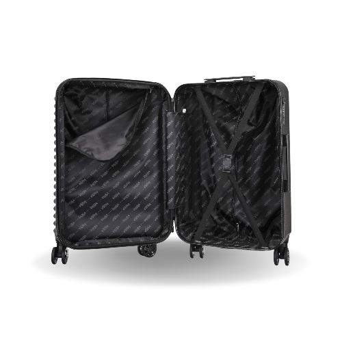 Black suitcase with open lid on a white background