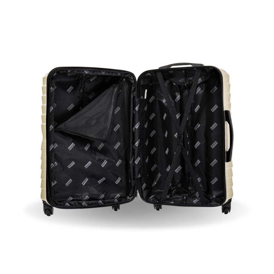 Open beige suitcase with black interior on a white background