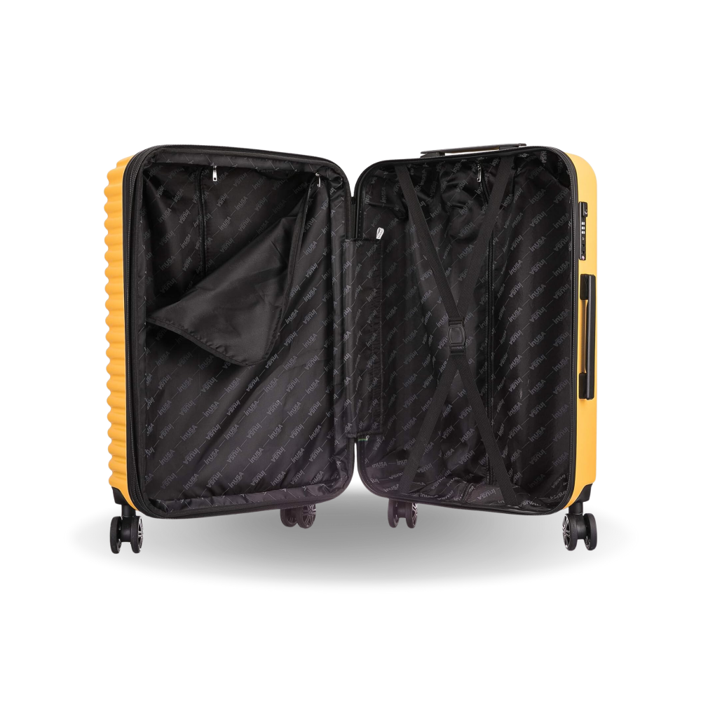Yellow suitcase with open doors on a white background