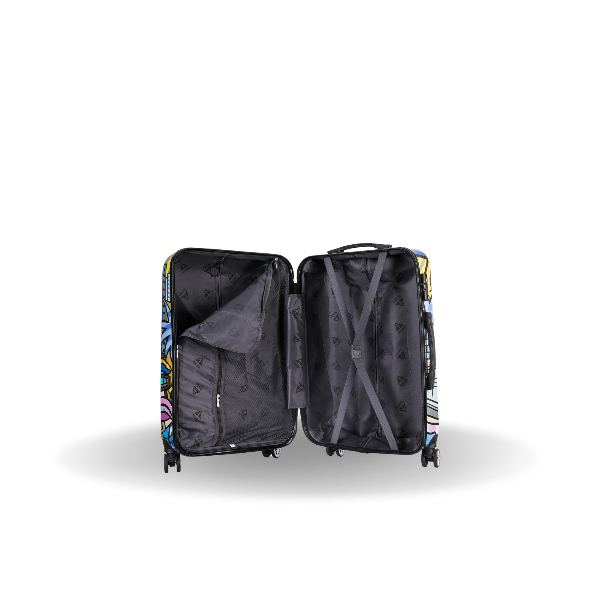 Open suitcase with colorful interior design on a white background