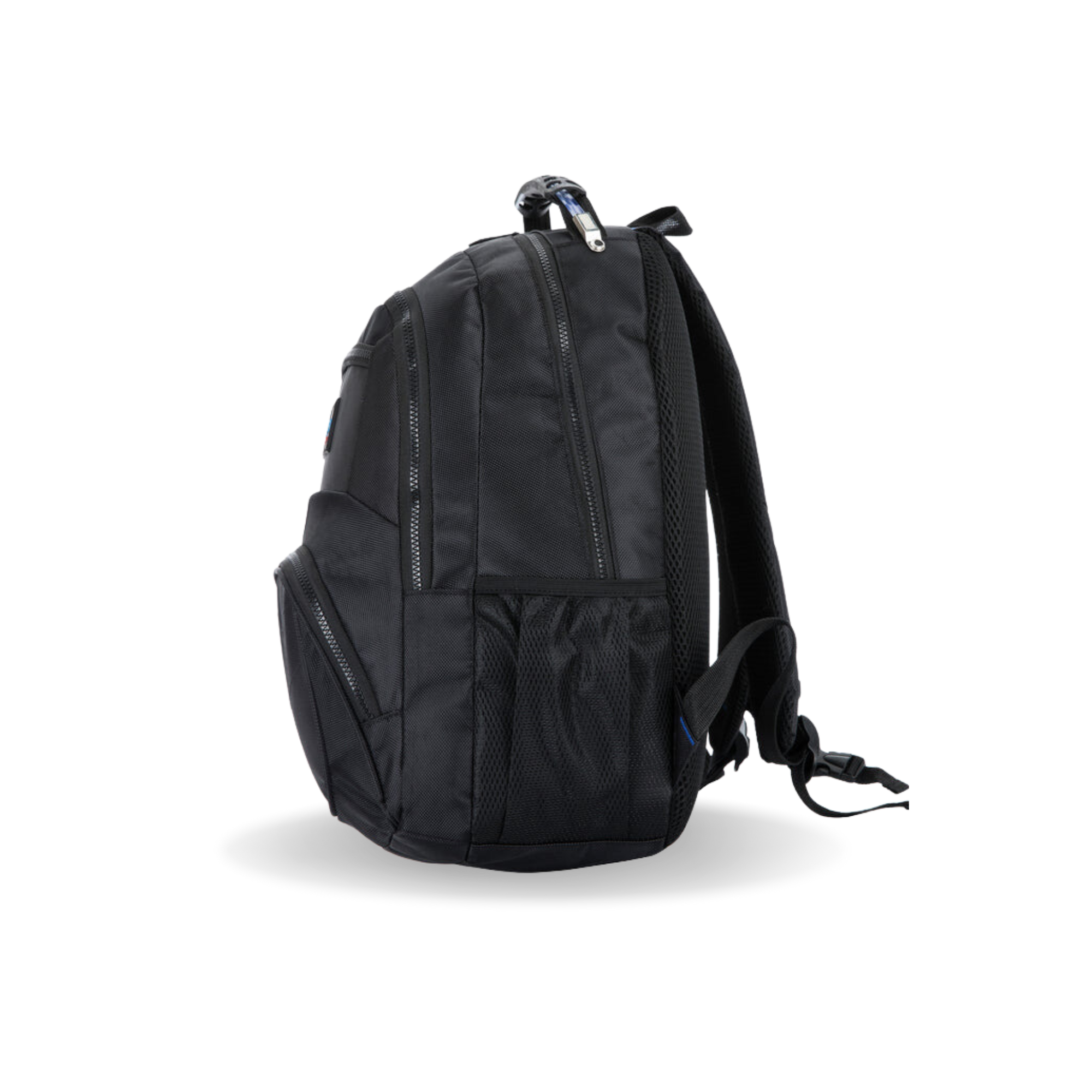Black backpack on a white background