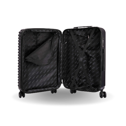 Black suitcase with open lid on a white background