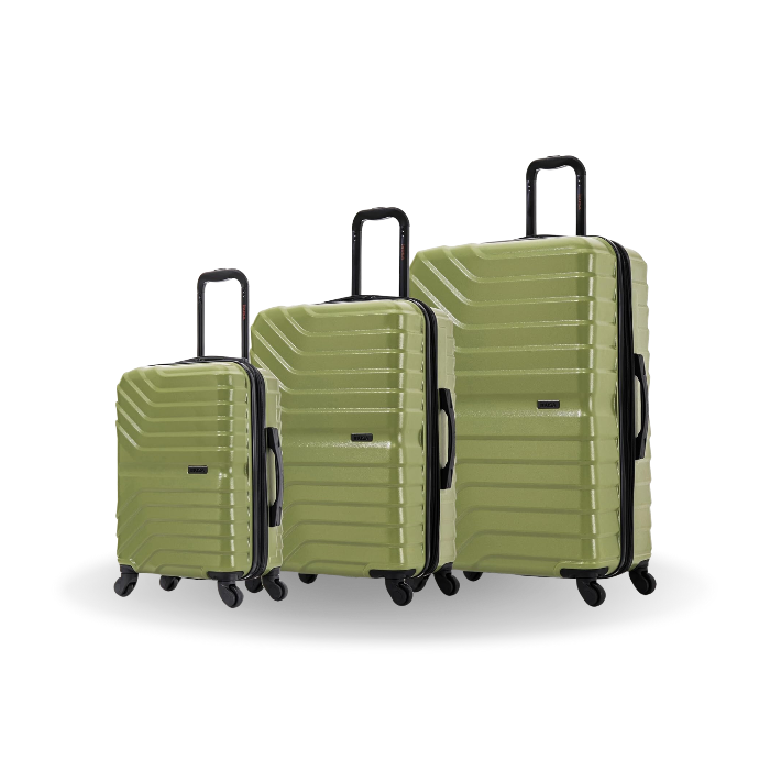 Set of three green suitcases with black handles and wheels on a white background