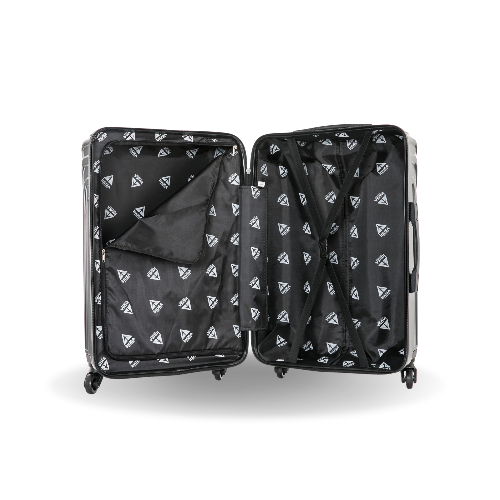 Black suitcase with geometric pattern on a white background