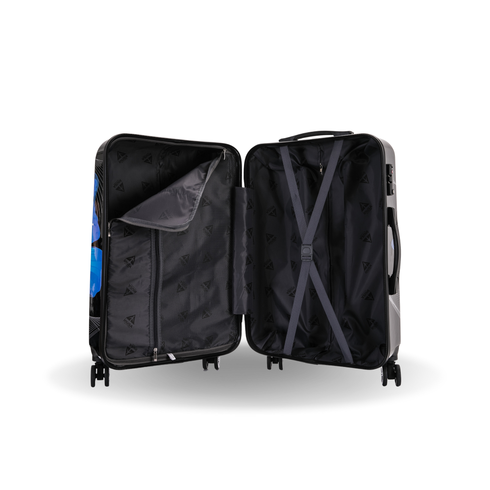 Black suitcase with open compartments on a white background