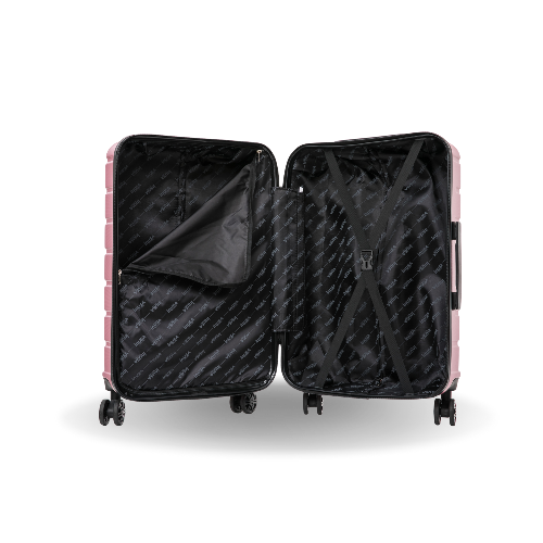 Open black suitcase with pink accents on a white background
