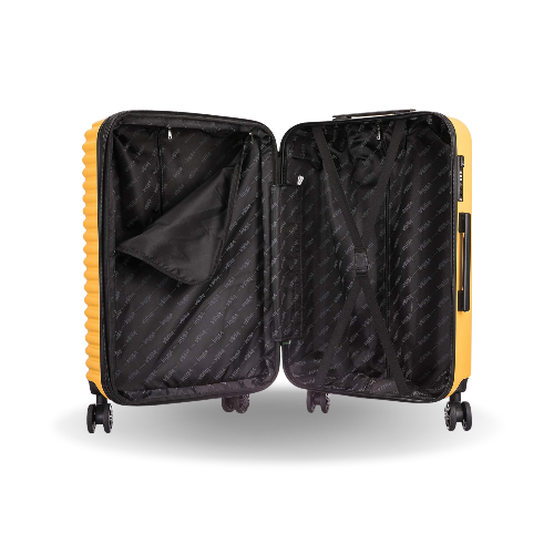 Yellow suitcase with open lid on a white background