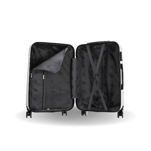 Black suitcase with open compartments on a white background