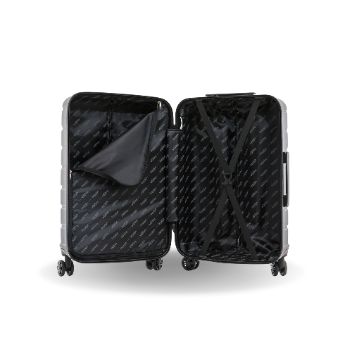 Black suitcase with open compartments on a white background