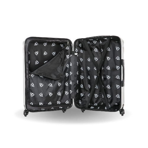 Black suitcase with patterned interior on a white background