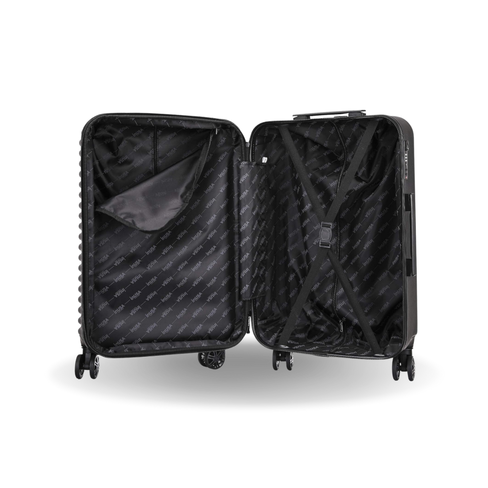 Black suitcase with open lid on a white background