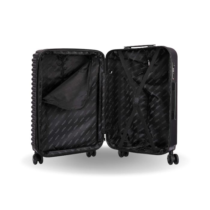Black suitcase with open doors on a white background