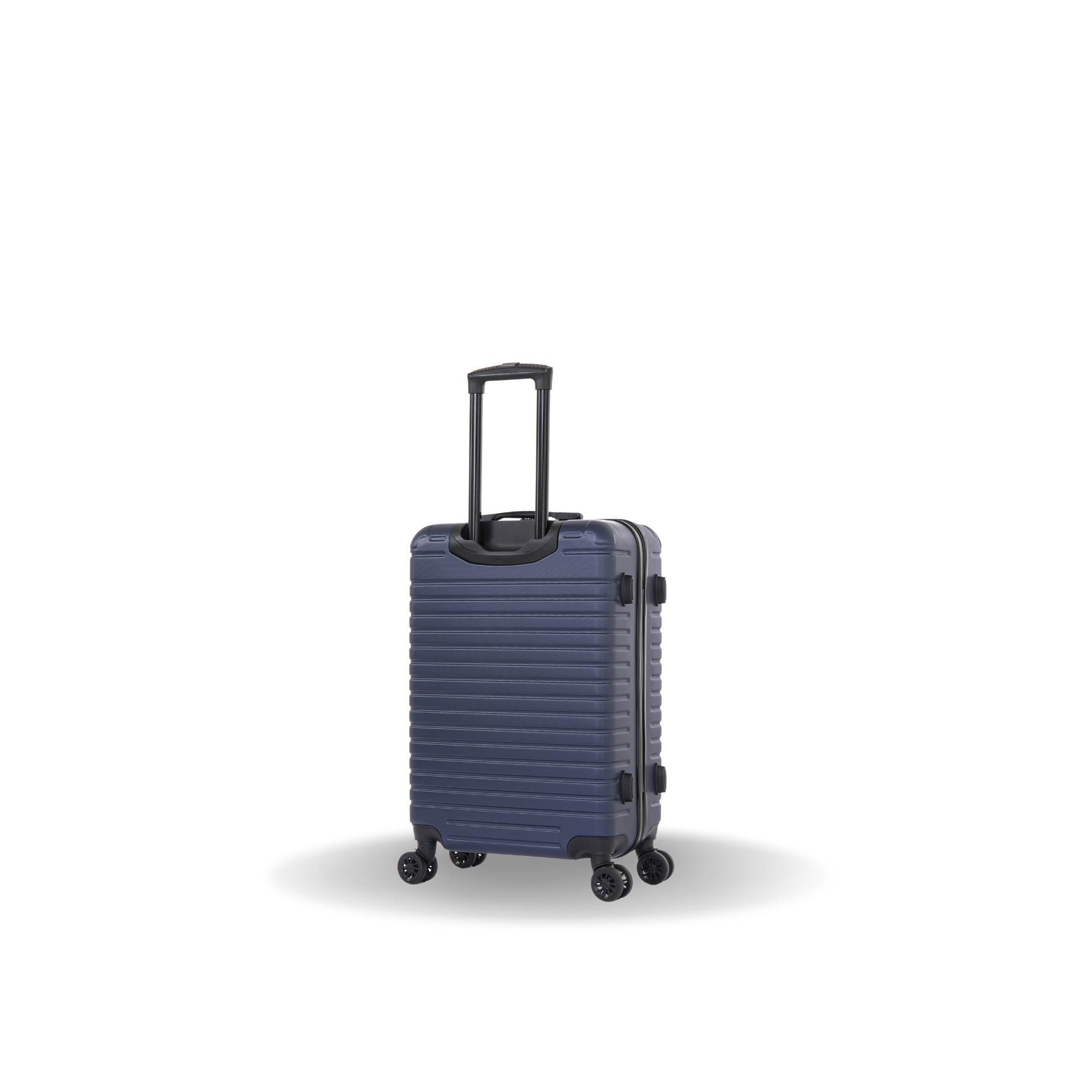 Blue suitcase with black handle and wheels on a white background