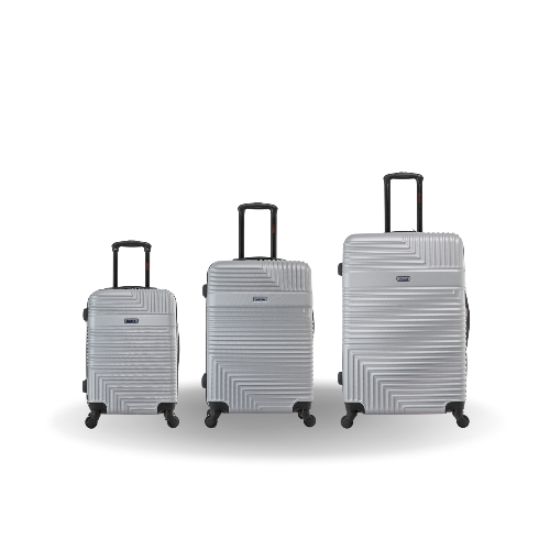 Three gray suitcases of different sizes on a white background