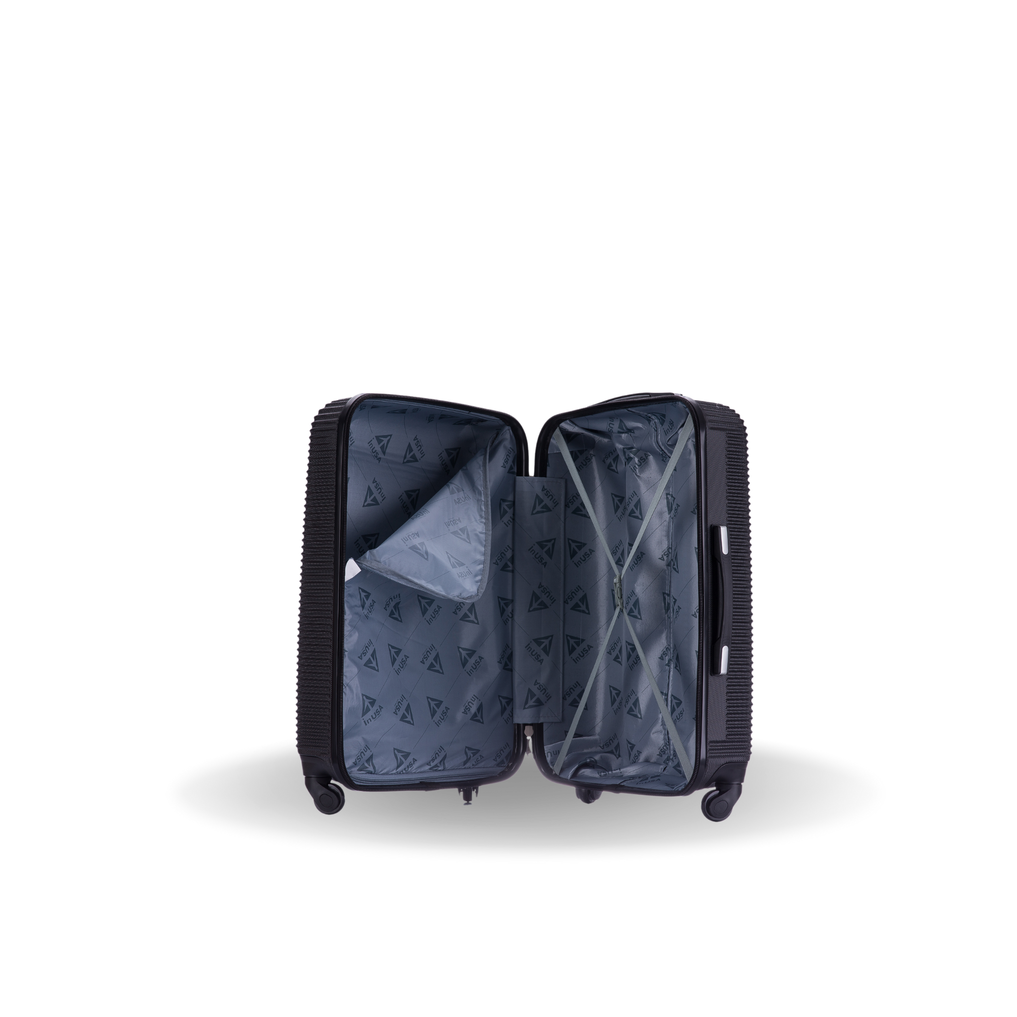 Open black suitcase with interior visible on a white background