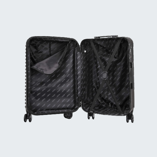 Black suitcase with open lid on a white background