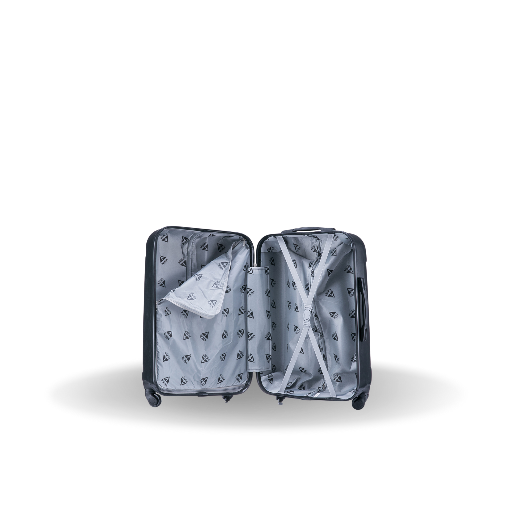 Open suitcase with interior layout on a white background