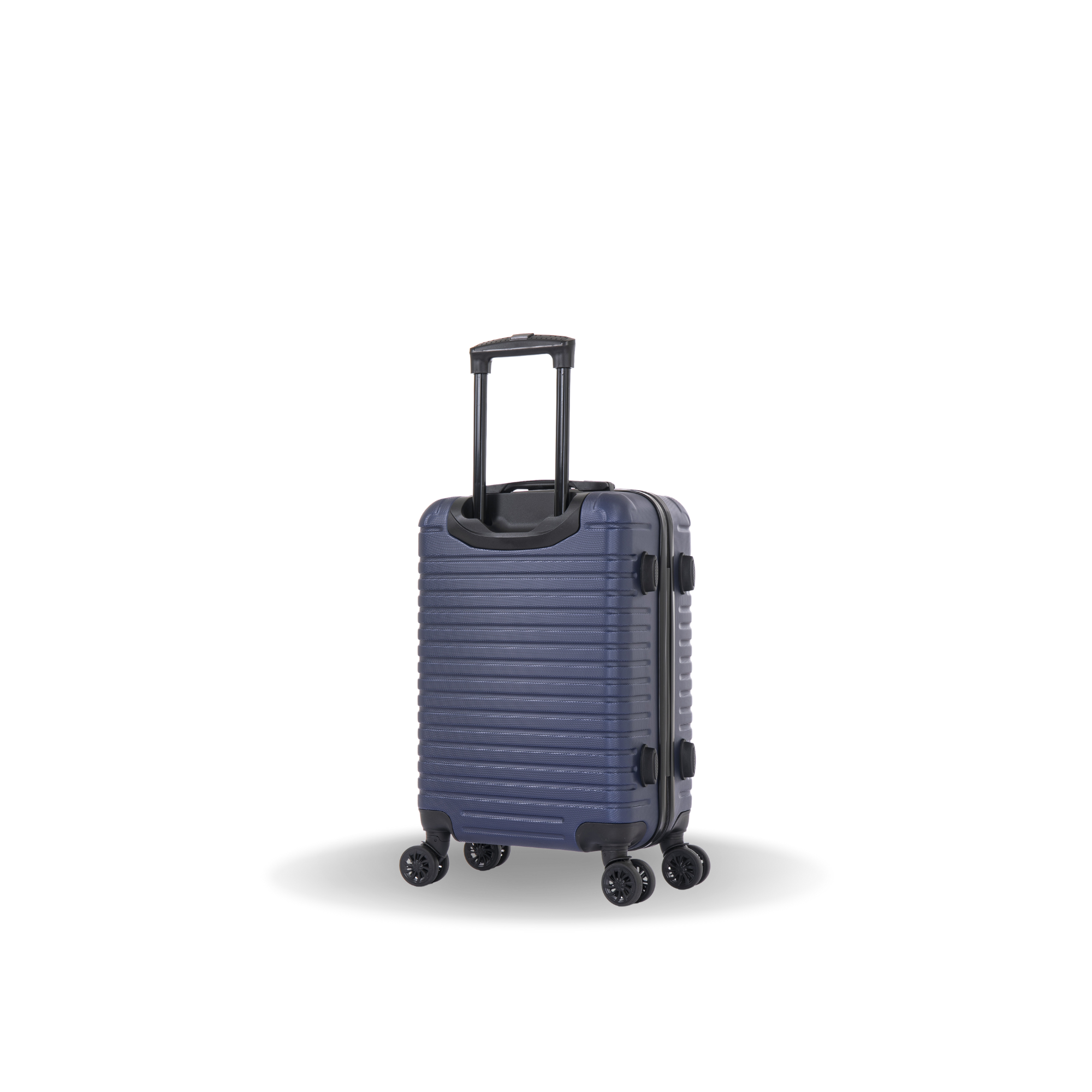 Blue suitcase with black handle and wheels on a white background