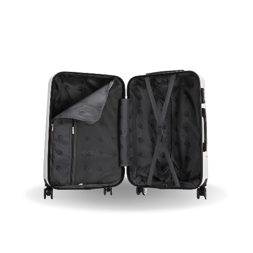 Black suitcase with open compartments on a white background