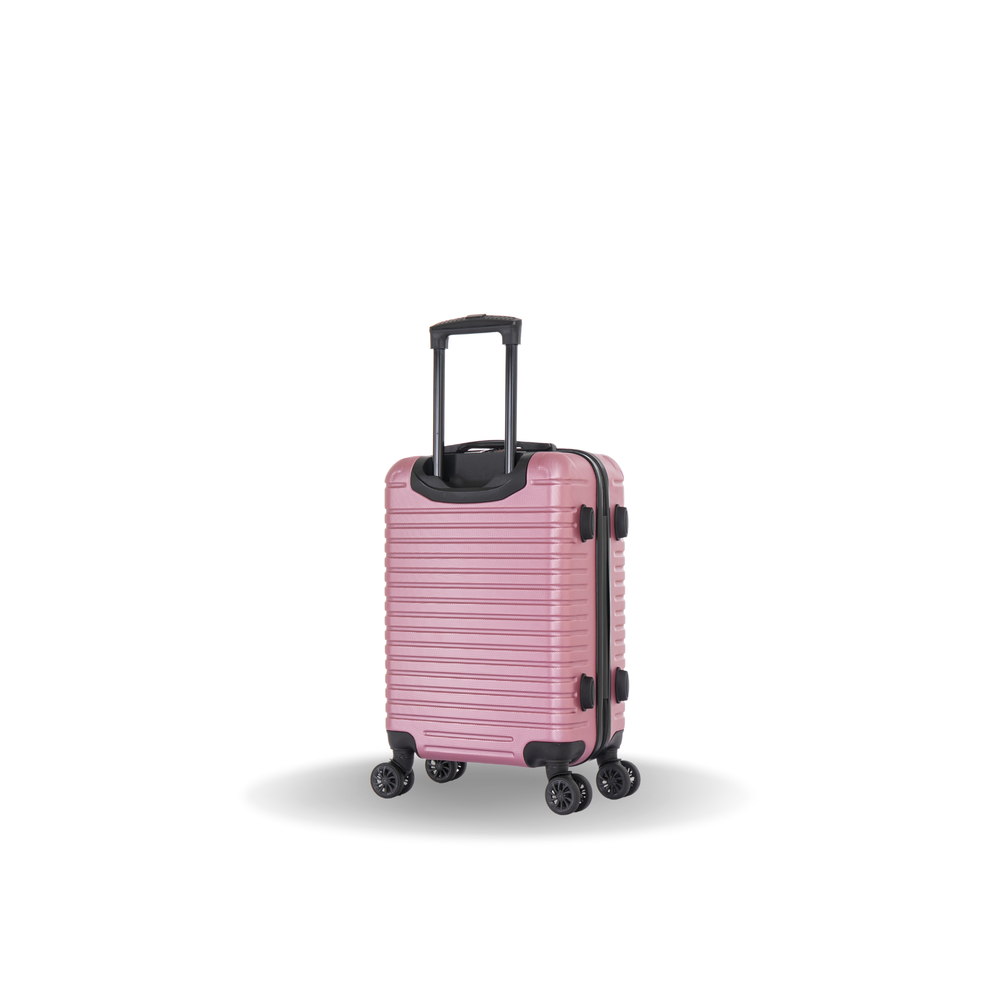 Pink suitcase with black wheels on a white background