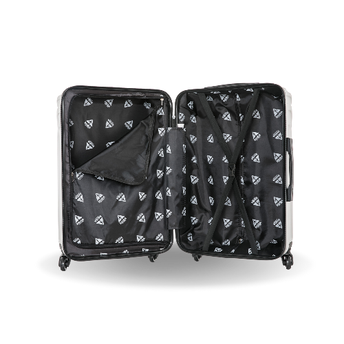 Open black suitcase with patterned interior on a white background