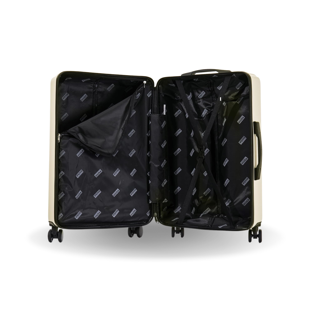 Open beige suitcase with black interior on a white background