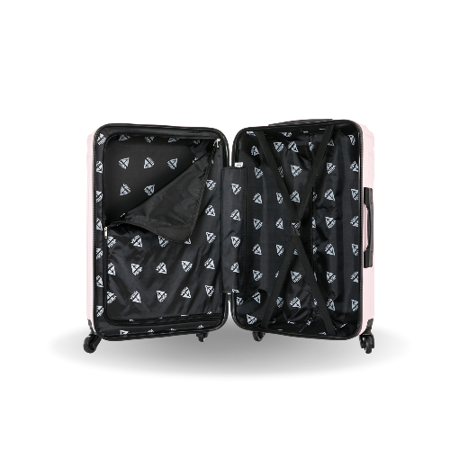 Open pink suitcase with black interior on a white background