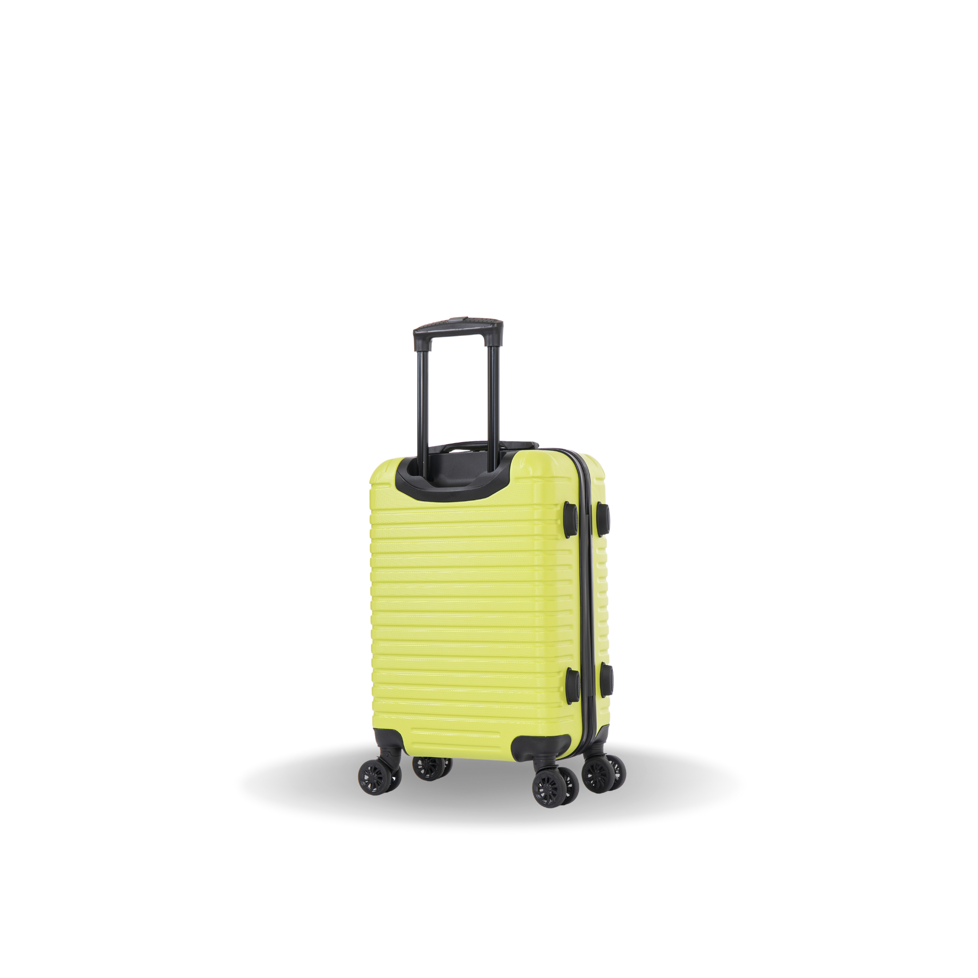 Yellow suitcase with black handle and wheels on a white background