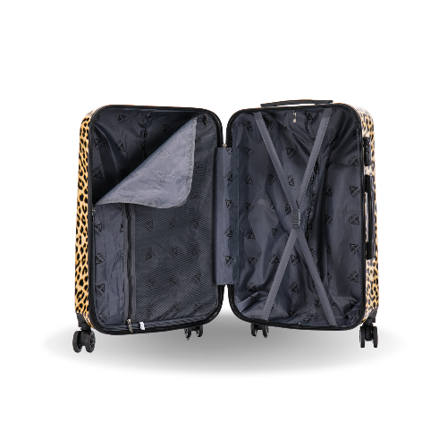 Open suitcase with leopard print edges on a white background