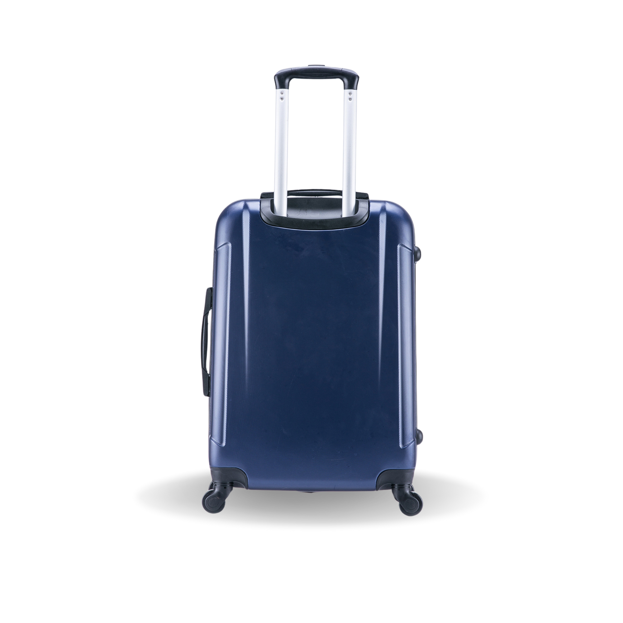 Blue suitcase with a clear handle on a white background