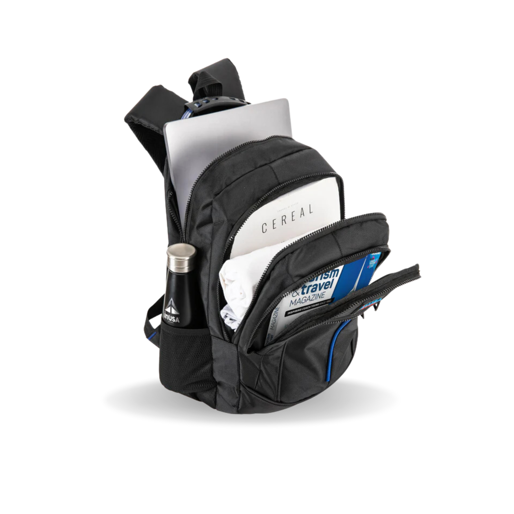 Black backpack with items including a magazine and a bottle on a white background