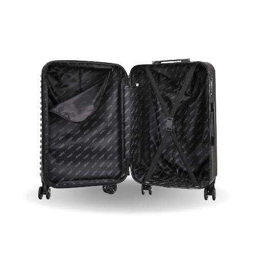 Black suitcase with open compartments on a white background