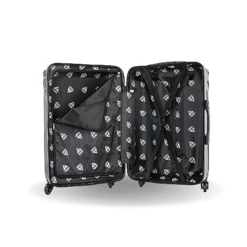 Black suitcase with white geometric pattern on a white background