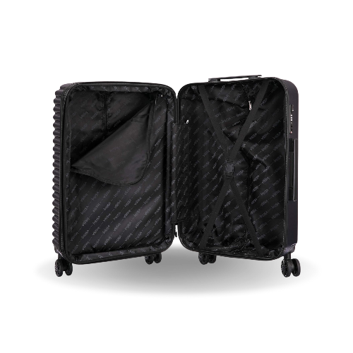 Black suitcase with open doors on a white background