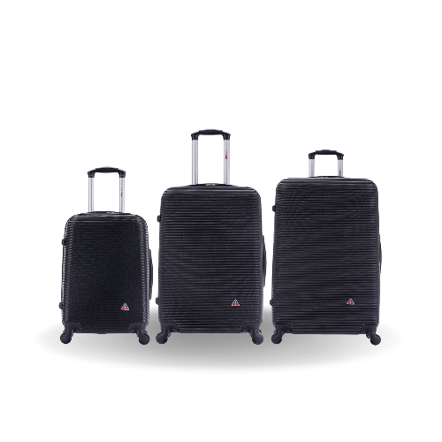 Set of three black suitcases with a textured surface on a white background