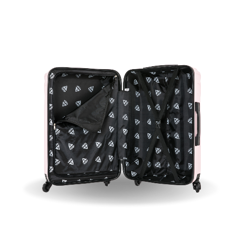 Open suitcase with black interior and pink exterior on a white background