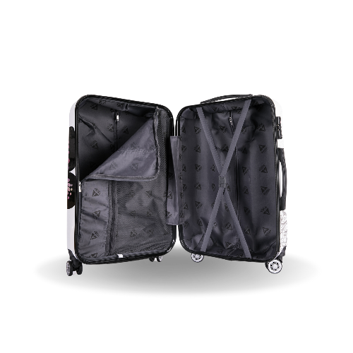 Black suitcase with open compartments on a white background
