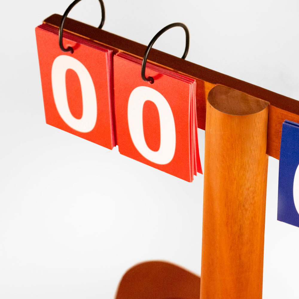 Scoreboard with red and white numbers on a white background