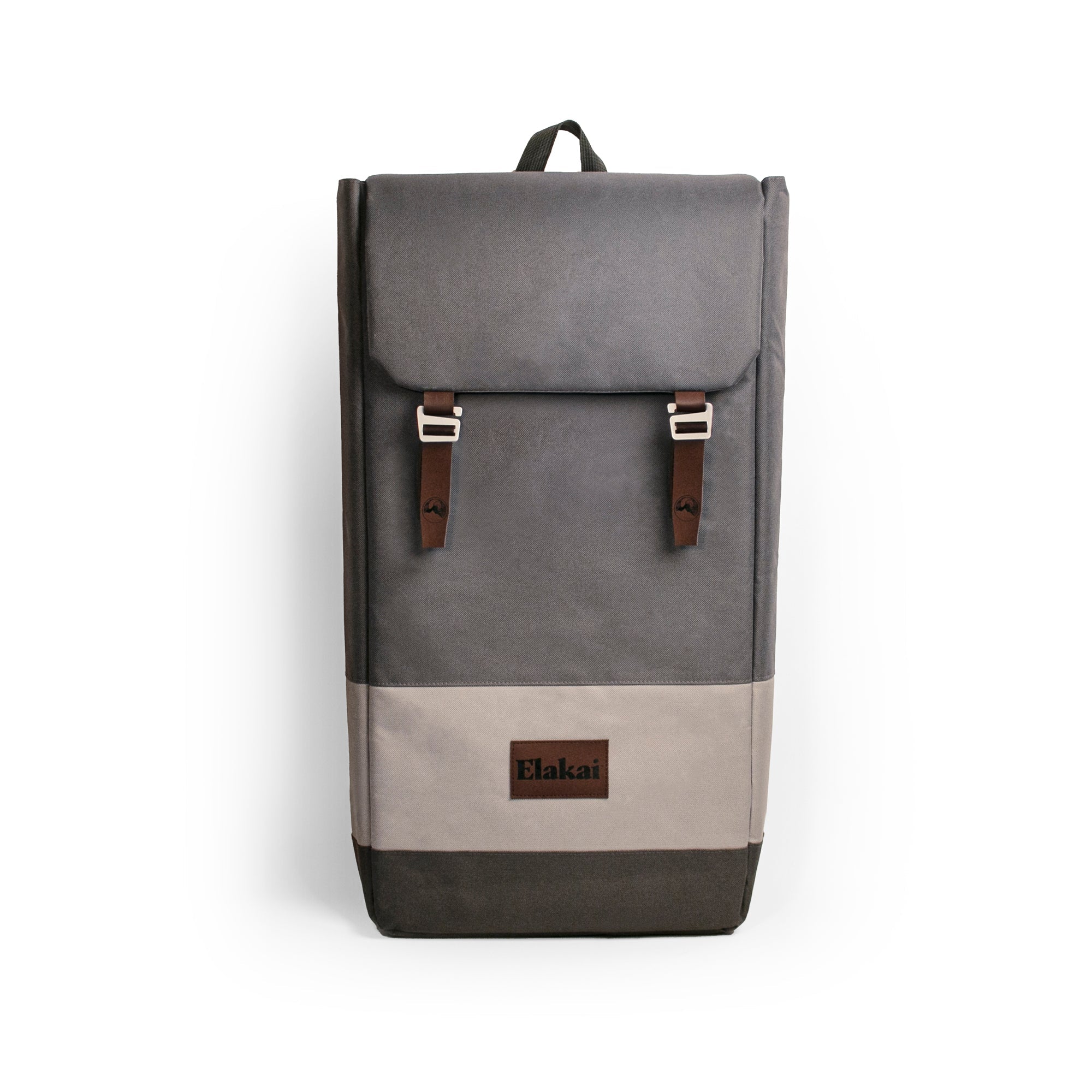 Gray and brown backpack with 'Elakat' branding on a white background