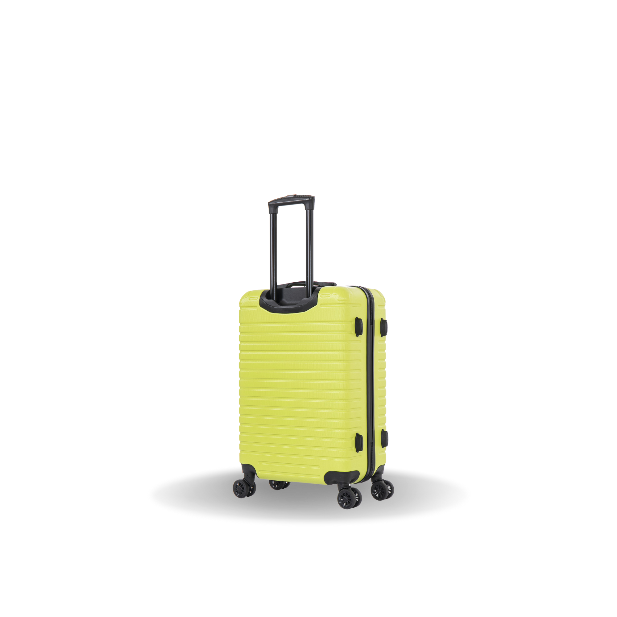 Yellow suitcase with black handle and wheels on a white background