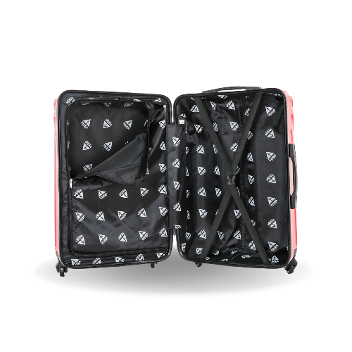 Open suitcase with patterned interior on a white background